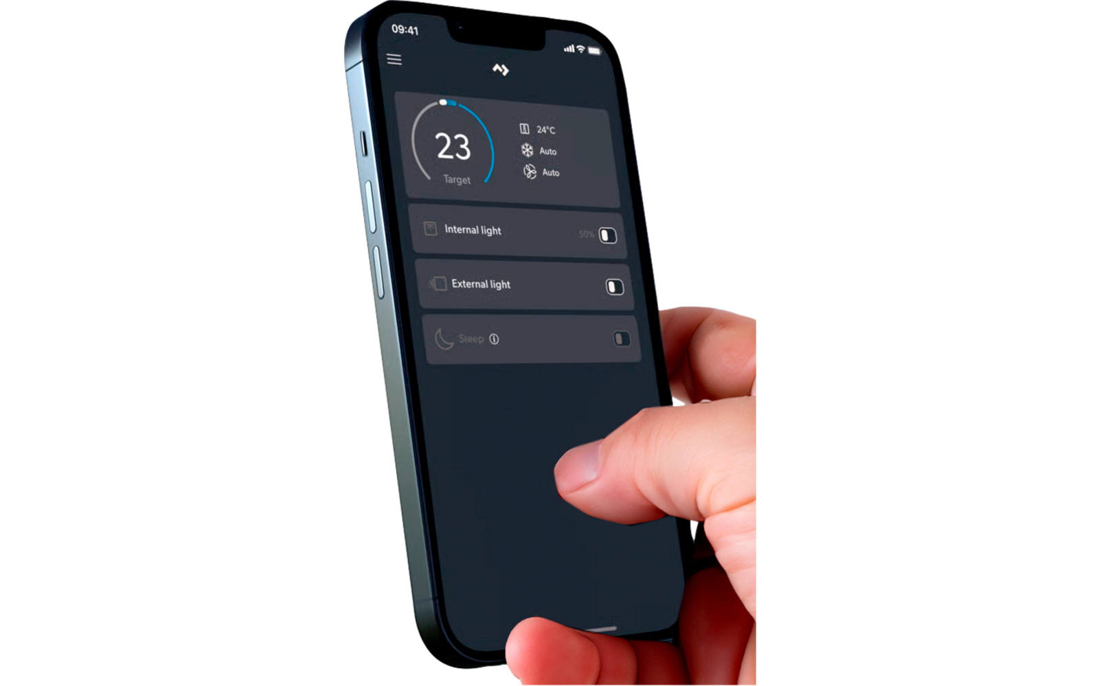 Hand hält ein Smartphone mit dunklem App-Bildschirm; kreisförmige Anzeige '23' und drei Schaltreihen mit den Beschriftungen 'Internal light', 'External light' und 'Sleep'