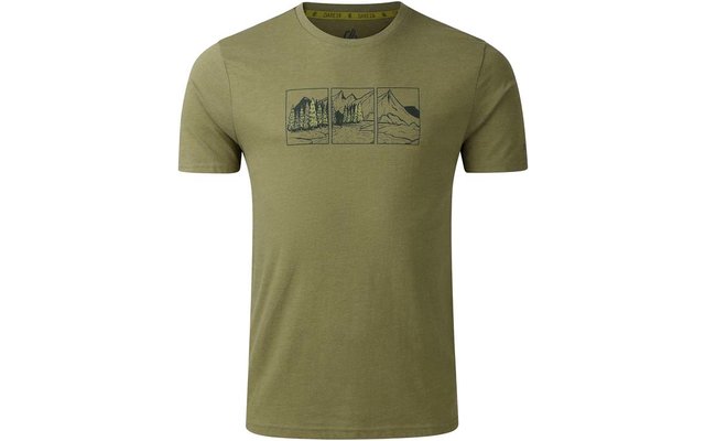 Olivgrünes Kurzarm-T-Shirt mit Rundhals und mittiger Brustgrafik: drei rechteckige Linienzeichnungen von Bergen und Bäumen