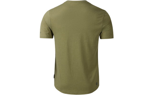 Rückansicht eines einfarbigen olivgrünen Kurzarm‑T-Shirts mit Rundhalsausschnitt, abgerundetem Saum, kleinem Seitenetikett und kleinem runden Detail am unteren Saum