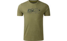 T-shirt verde oliva a maniche corte con scollo rotondo e stampa centrale sul petto: tre disegni lineari rettangolari di montagne e alberi