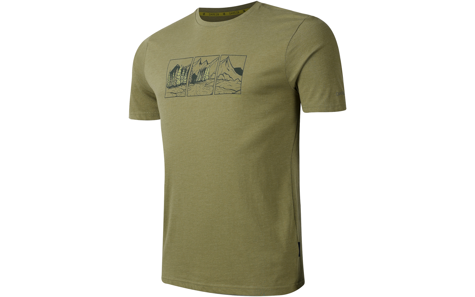 Olivgrünes kurzärmeliges T-Shirt mit Rundhalsausschnitt und dreiteiliger Linienzeichnung von Bergen auf der Brust
