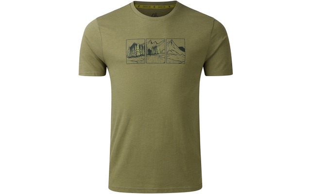 Olivgrünes Kurzarm-T-Shirt mit Rundhals und mittiger Brustgrafik: drei rechteckige Linienzeichnungen von Bergen und Bäumen
