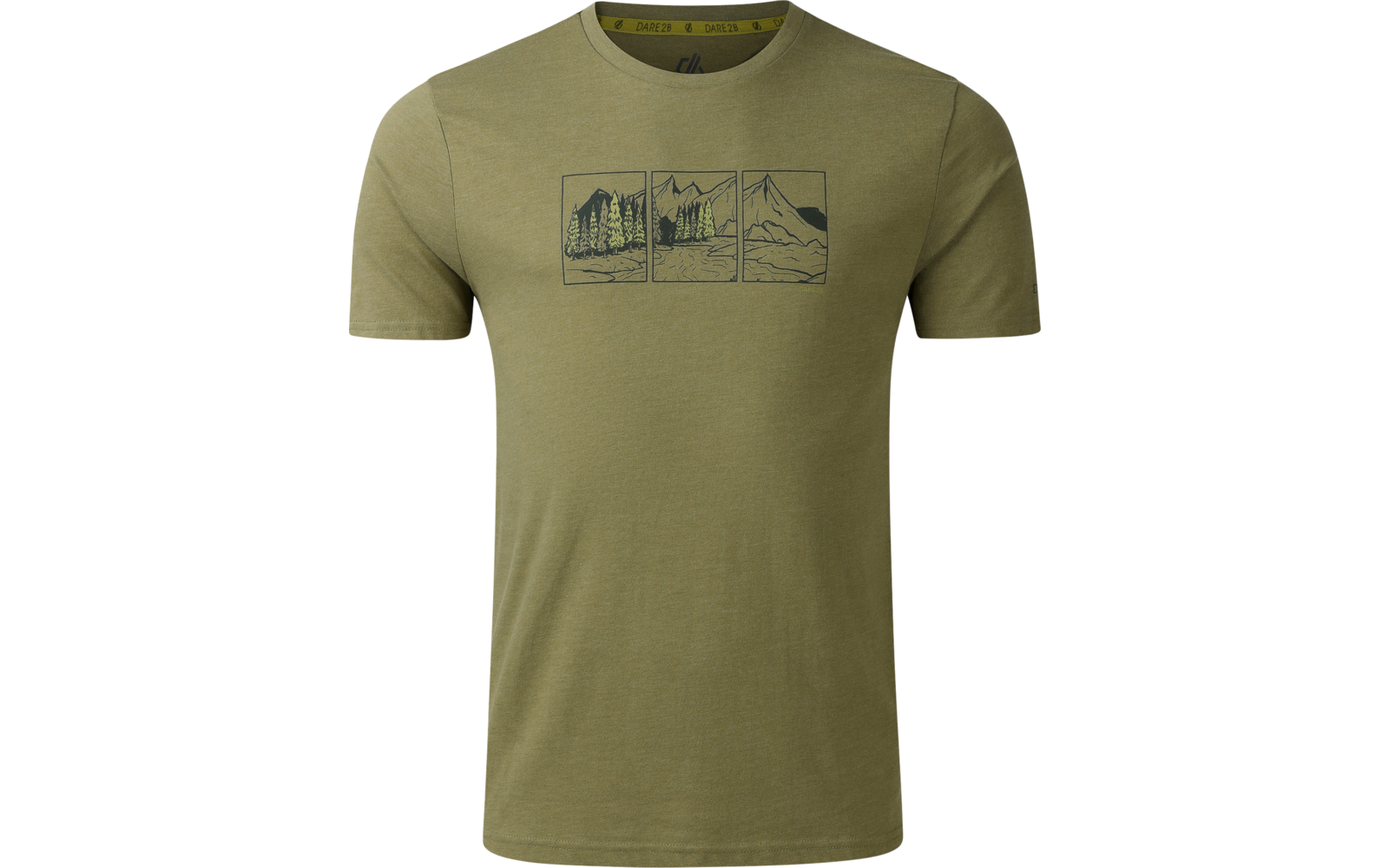 T-shirt verde oliva a maniche corte con scollo rotondo e stampa centrale sul petto: tre disegni lineari rettangolari di montagne e alberi