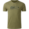 Olivgrünes Kurzarm-T-Shirt mit Rundhals und mittiger Brustgrafik: drei rechteckige Linienzeichnungen von Bergen und Bäumen