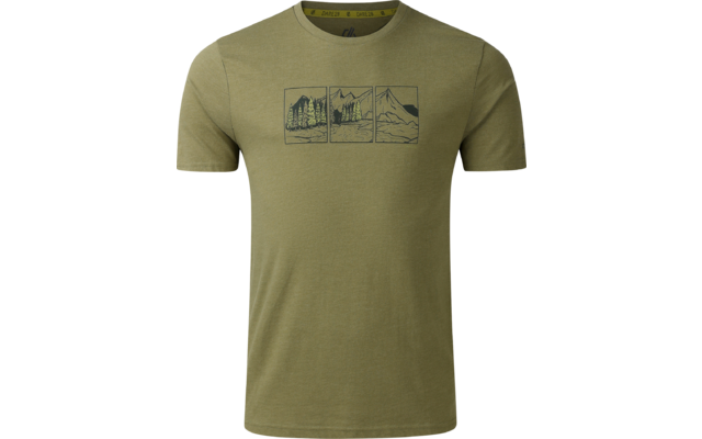 T-shirt verde oliva a maniche corte con scollo rotondo e stampa centrale sul petto: tre disegni lineari rettangolari di montagne e alberi