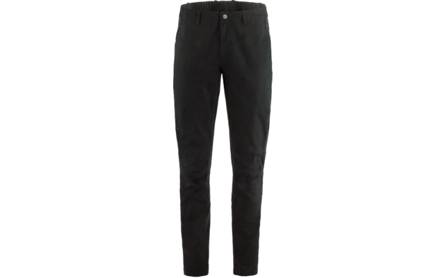 Zwarte lange broek met knoopsluiting aan de voorkant, taps toelopende pijpen en zijzakken