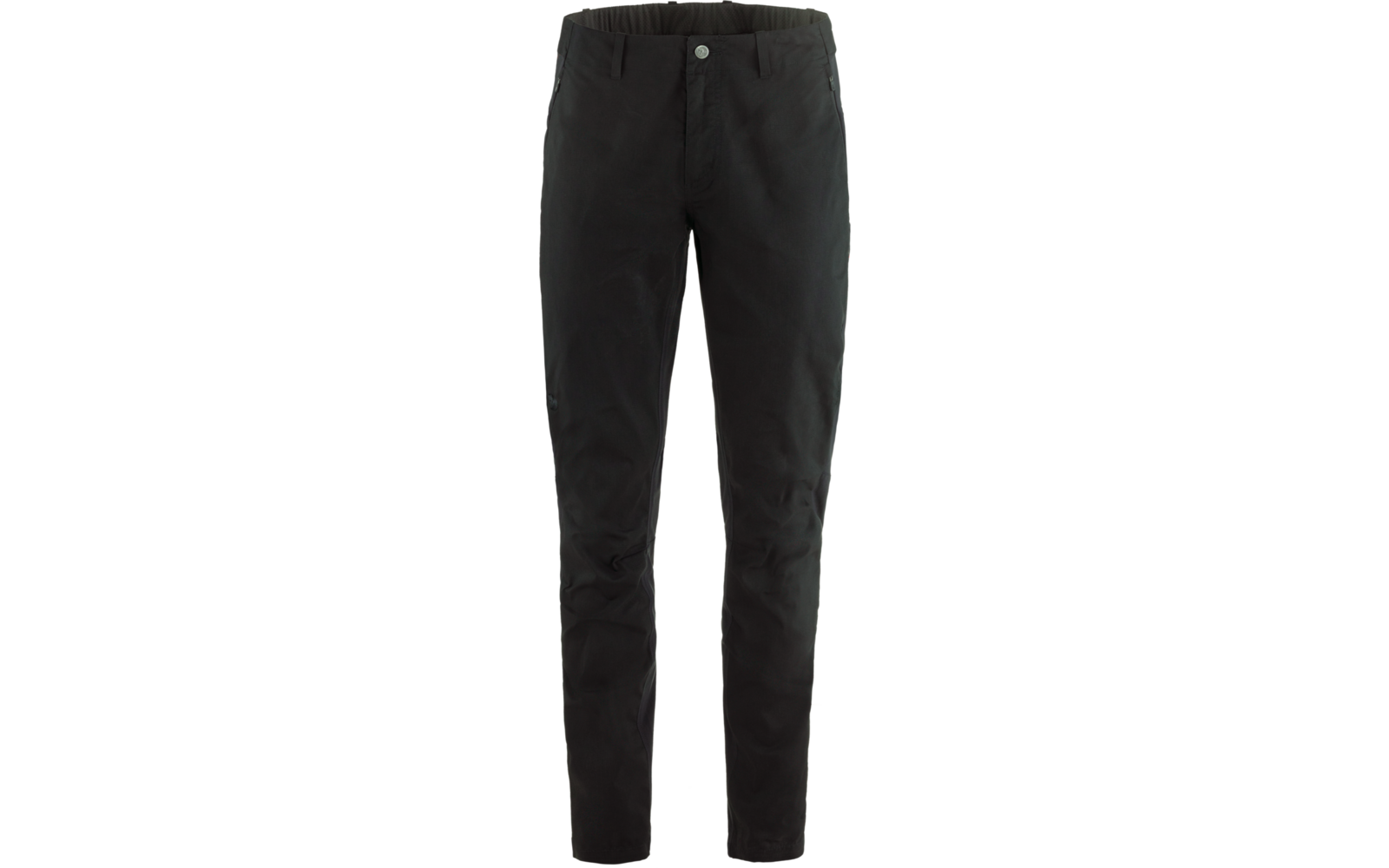 Zwarte lange broek met knoopsluiting aan de voorkant, taps toelopende pijpen en zijzakken