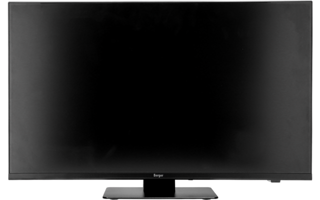 Schwarzer Flachbildfernseher mit rechteckigem Standfuß vor weißem Hintergrund