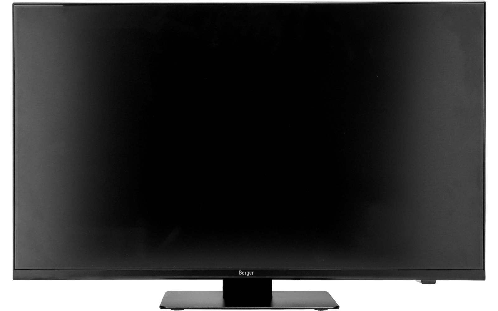 Schwarzer Flachbildfernseher mit rechteckigem Standfuß vor weißem Hintergrund