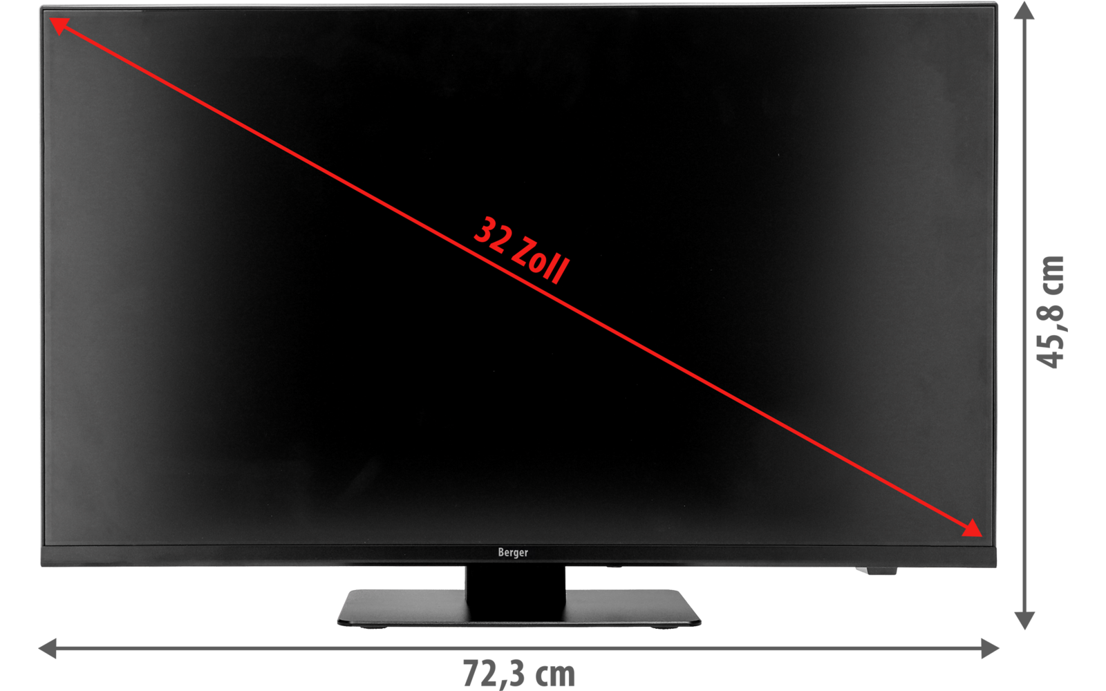 Schwarzer Flachbildschirm auf rechteckigem Standfuß; rote diagonale Linie mit Beschriftung '32 Zoll'; graue Pfeile mit Maßen '78,2 cm' (Breite) und '48,3 cm' (Höhe)