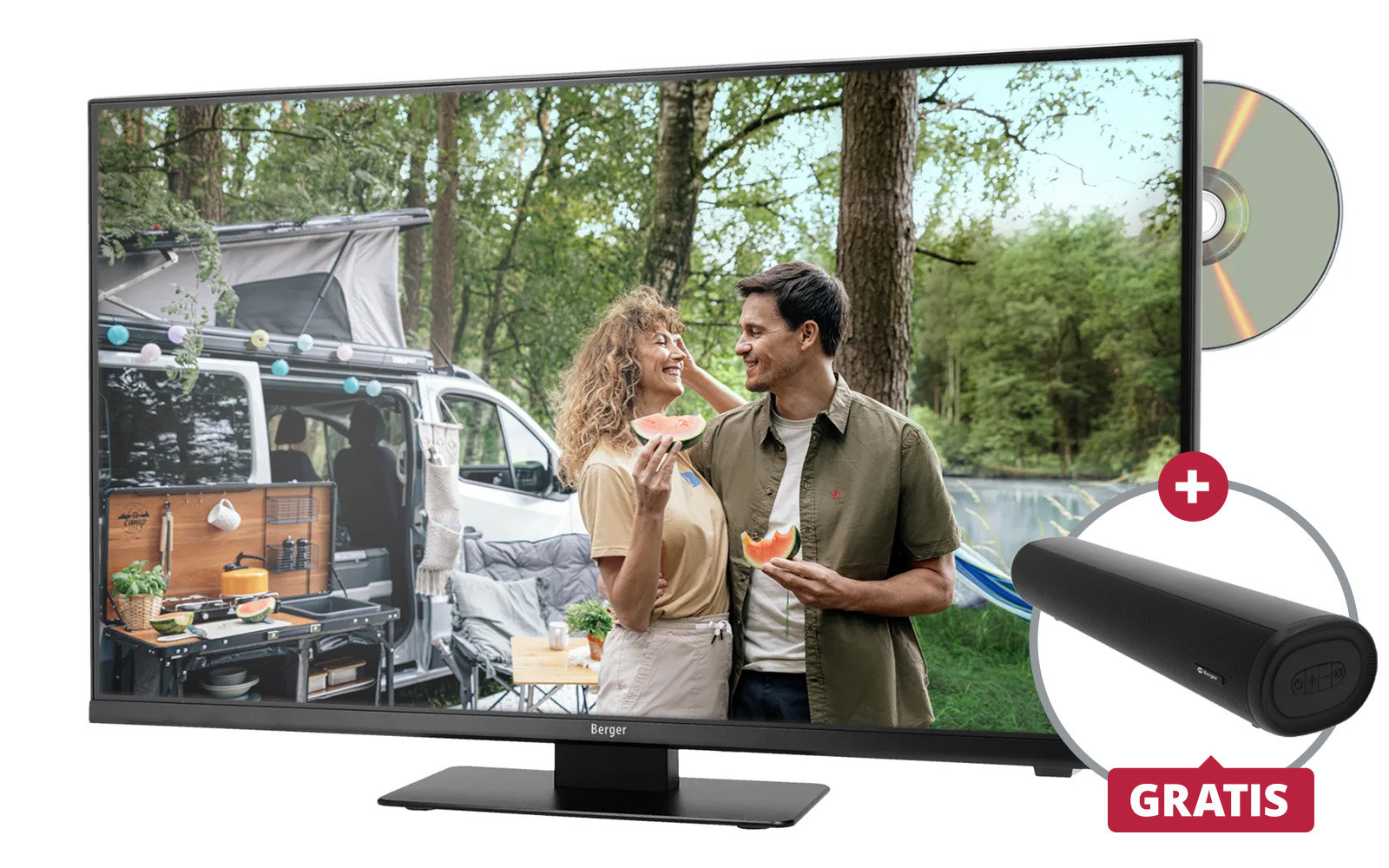 Fernseherbild zeigt ein Paar draußen neben einem geparkten Wohnmobil, das Wassermelone isst; offene Camper-Küche, Hängematte und Bäume im Hintergrund; rechts am Gerät ist eine CD sichtbar