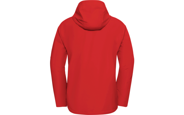 Rote Kapuzenjacke, Rückansicht, glatte Oberfläche, lange Ärmel, ohne sichtbare Muster oder Logos