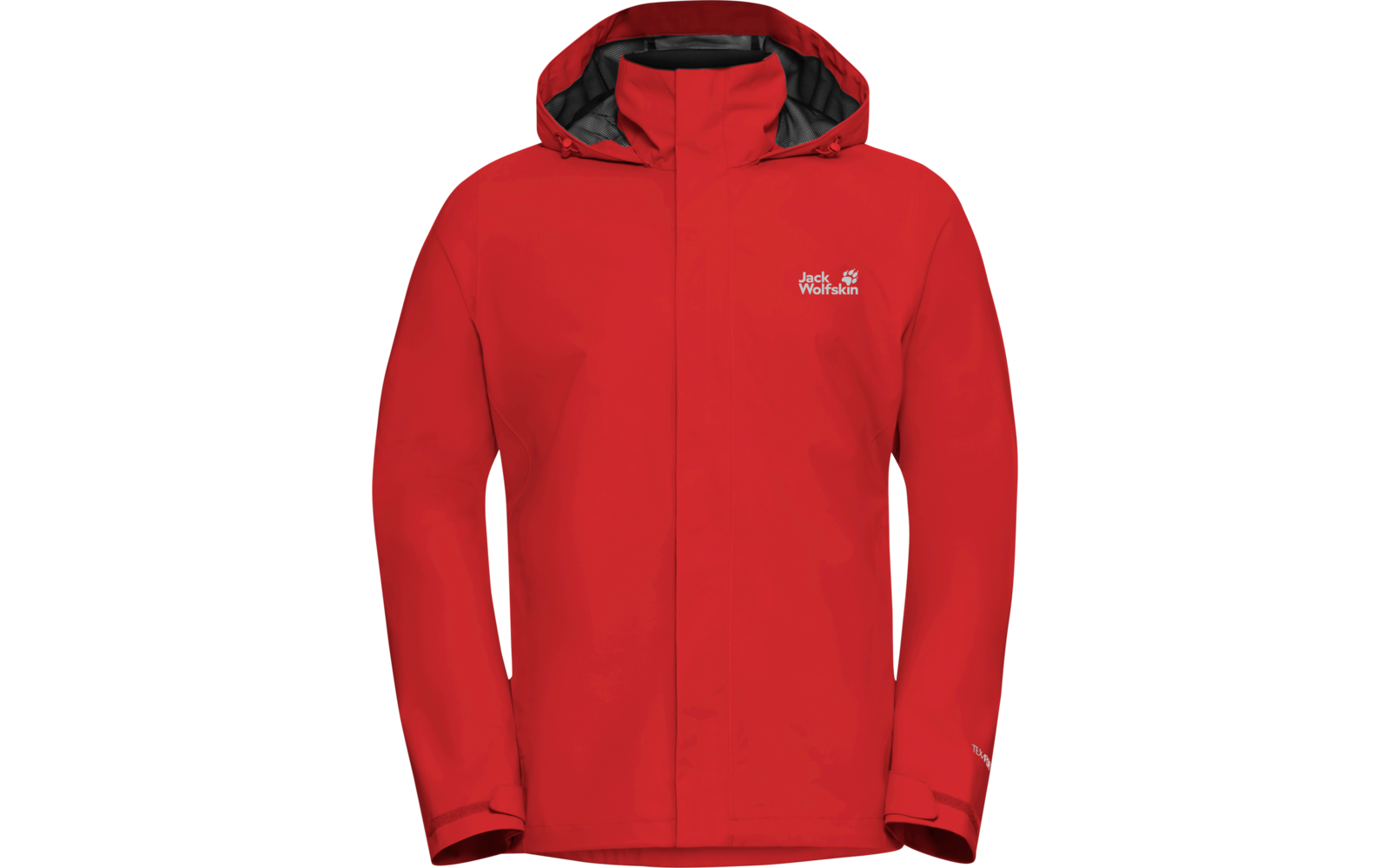 Rote Jacke mit Kapuze und durchgehendem Reißverschluss, Jack Wolfskin-Logo auf der Brust