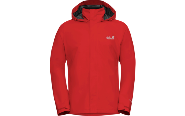Rote Jacke mit Kapuze und durchgehendem Reißverschluss, Jack Wolfskin-Logo auf der Brust