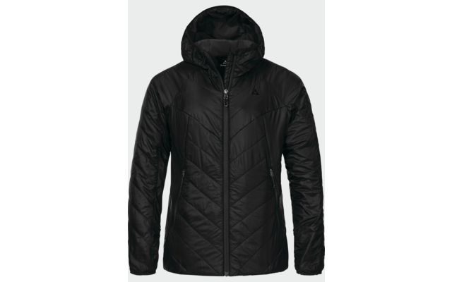 Schwarze gesteppte Jacke mit Kapuze, mittigem Reißverschluss, zwei seitlichen Reißverschlusstaschen und diagonaler Steppung, vor hellem Hintergrund