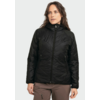 Person in schwarzer gesteppter Jacke mit Kapuze und Reißverschluss, braune Hose, heller Hintergrund