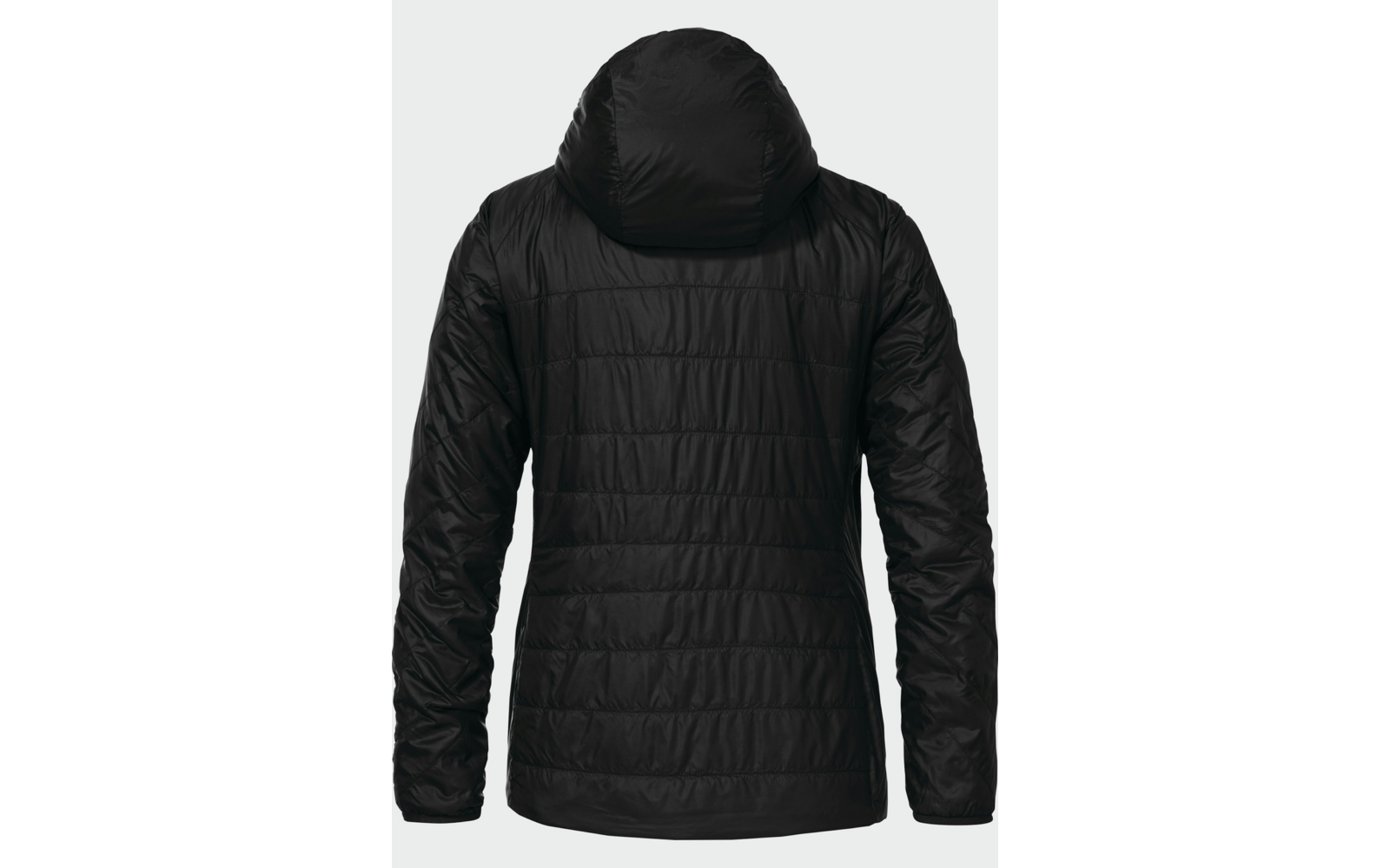 Rückansicht einer schwarzen Steppjacke mit Kapuze und langen Ärmeln