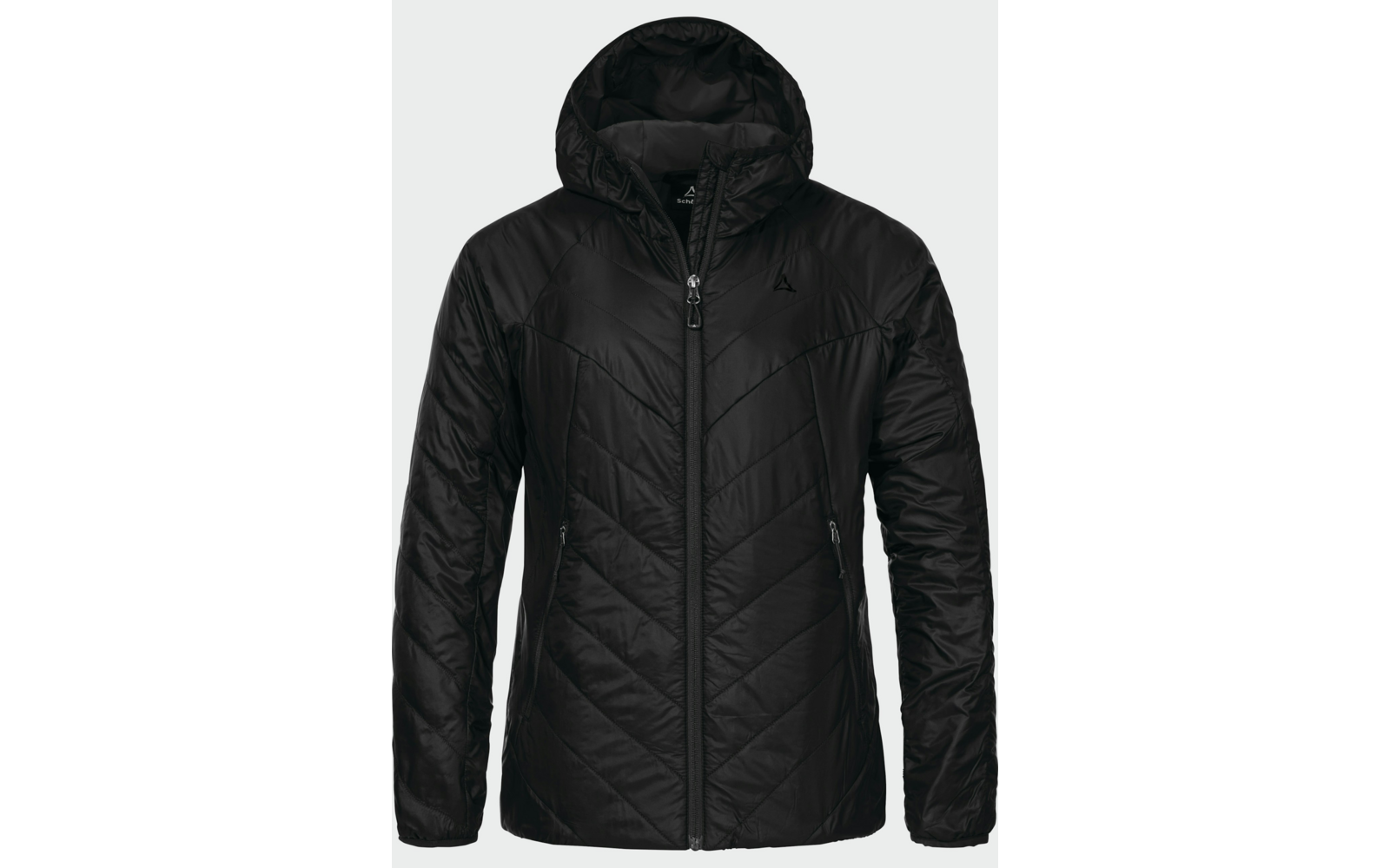 Schwarze gesteppte Jacke mit Kapuze, mittigem Reißverschluss, zwei seitlichen Reißverschlusstaschen und diagonaler Steppung, vor hellem Hintergrund