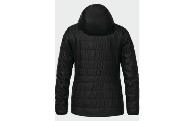 Rückansicht einer schwarzen Steppjacke mit Kapuze und langen Ärmeln