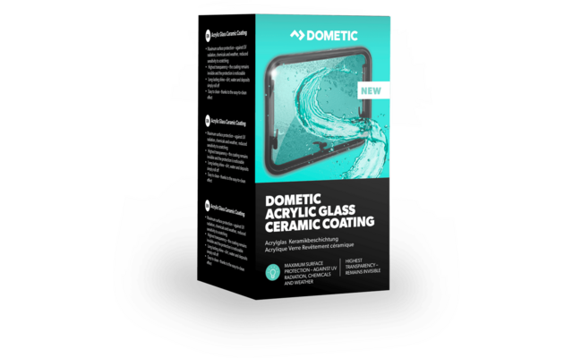 Schwarze Verpackung mit türkisfarbenem Fensterbild, Wasserspritzern, Markenlogo 'DOMETIC', weißer Aufschrift 'DOMETIC ACRYLIC GLASS CERAMIC COATING' und kleinem 'NEW'-Label