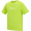 Limoengroen T-shirt met korte mouwen, ronde hals en klein wit bergmotief gecentreerd op de borst
