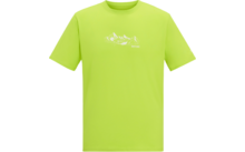 Neongroen T-shirt met klein wit bergmotief in het midden van de borst