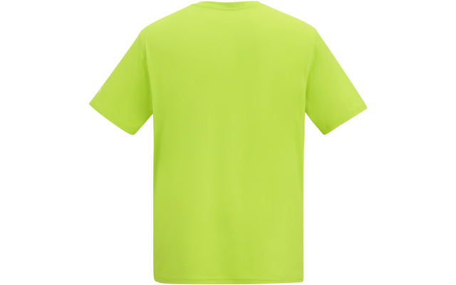 Achteraanzicht van een effen felgeelgroen T-shirt met korte mouwen en ronde hals op een witte achtergrond