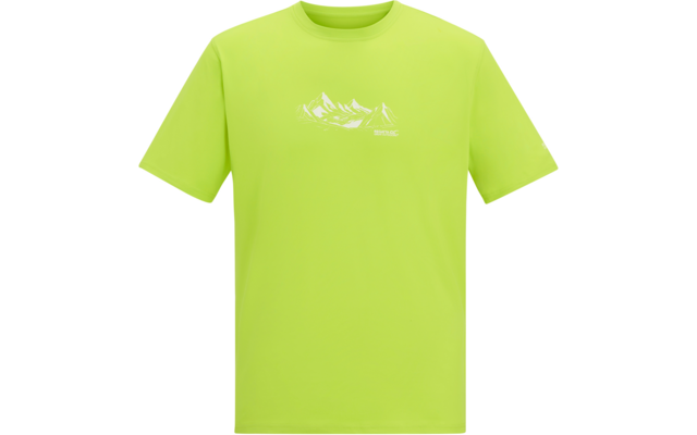 Neongroen T-shirt met klein wit bergmotief in het midden van de borst