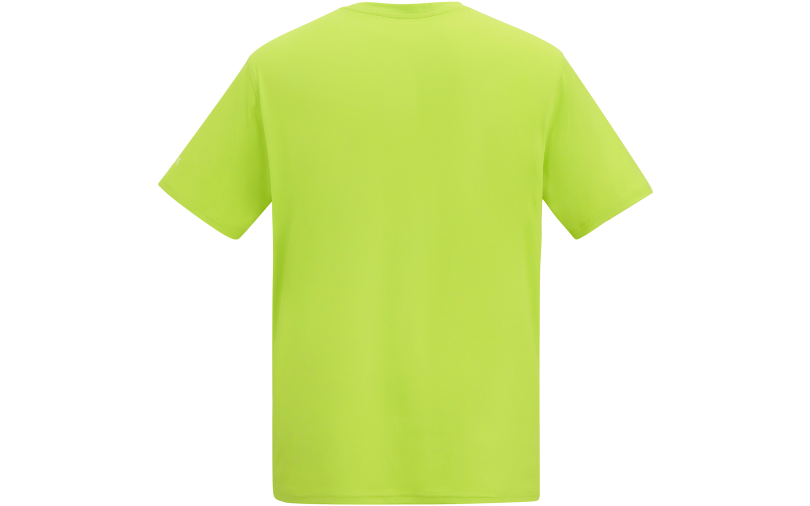 Achteraanzicht van een effen felgeelgroen T-shirt met korte mouwen en ronde hals op een witte achtergrond