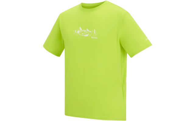 Limoengroen T-shirt met korte mouwen, ronde hals en klein wit bergmotief gecentreerd op de borst