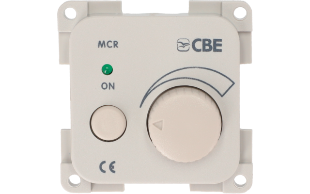 Witte besturingseenheid met een draaiknop en twee knoppen, gelabeld met MCR, CBE, ON en CE