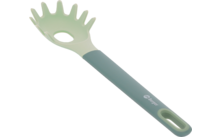 Küchenwerkzeug mit grünem Griff und gelblichem, zinkenförmigem Ende