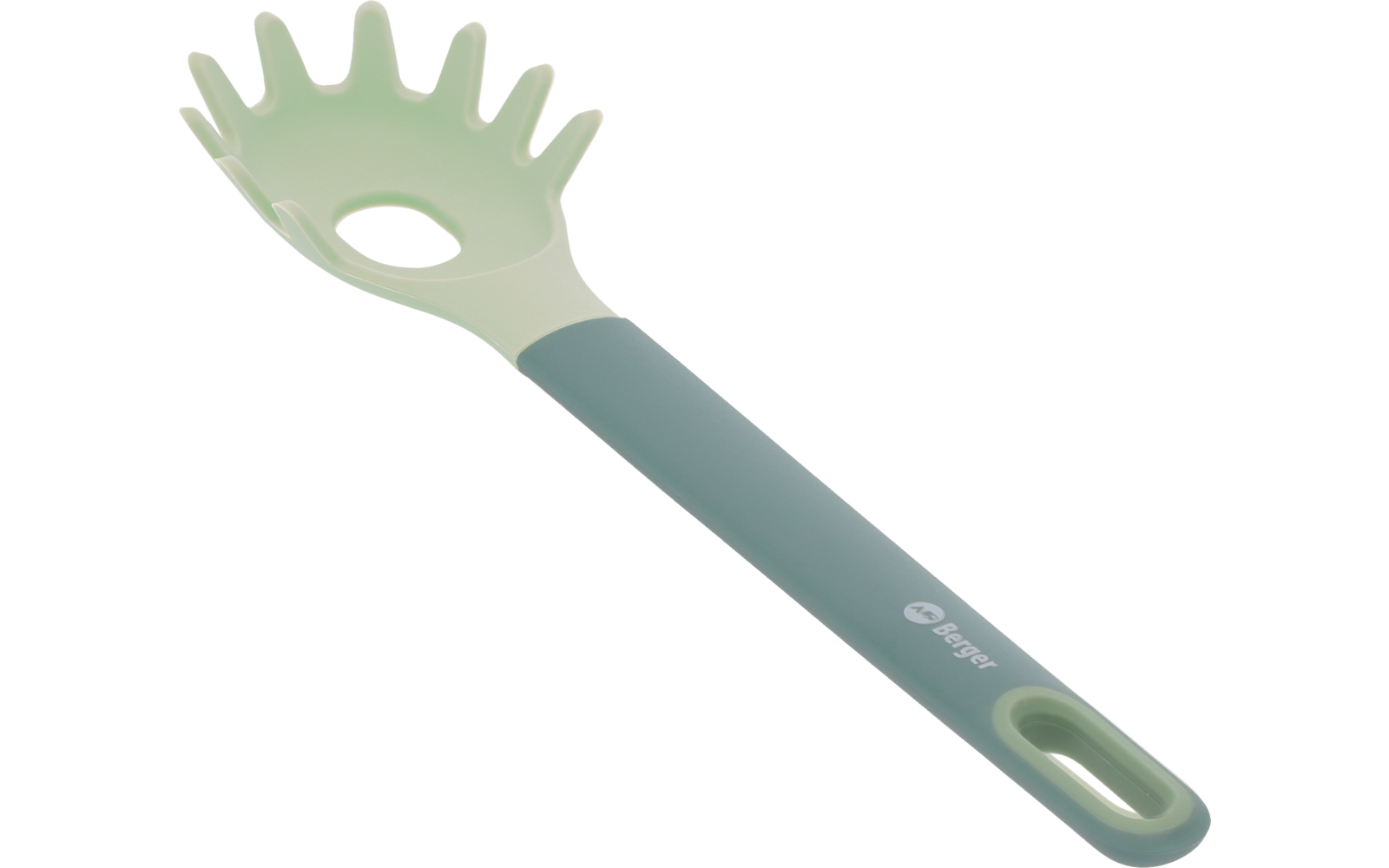 Küchenwerkzeug mit grünem Griff und gelblichem, zinkenförmigem Ende