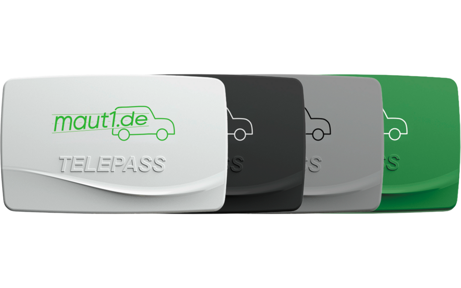 Vier rechteckige, abgerundete Kunststoffgehäuse nebeneinander; vorne weiß/silber mit grünem Schriftzug "maut.de" und grünem Auto-Symbol, darunter geprägter Schriftzug "TELEPASS"; dahinter schwarz, grau und grün mit weißem Auto-Symbol