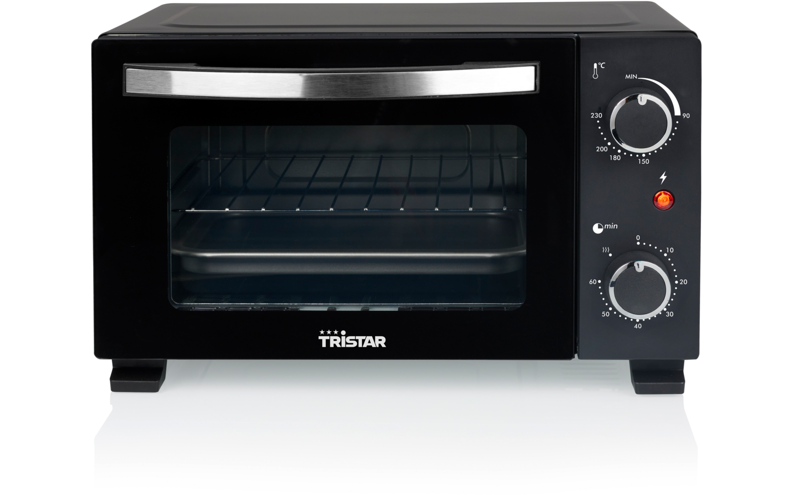Schwarzer Tischbackofen mit Glastür, Backblech und Rost, zwei Drehknöpfe und TRISTAR-Logo