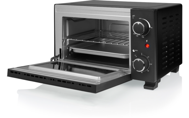 Kleiner schwarzer Tischbackofen mit geöffneter Tür, Backblech und Rost innen, zwei Drehknöpfe und rotes Kontrolllicht rechts