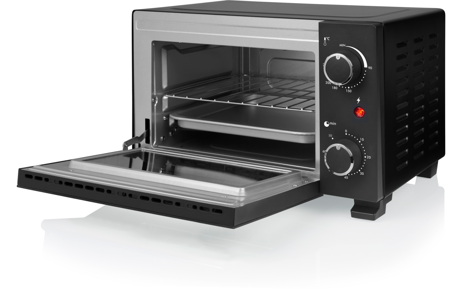 Kleiner schwarzer Tischbackofen mit geöffneter Tür, Backblech und Rost innen, zwei Drehknöpfe und rotes Kontrolllicht rechts