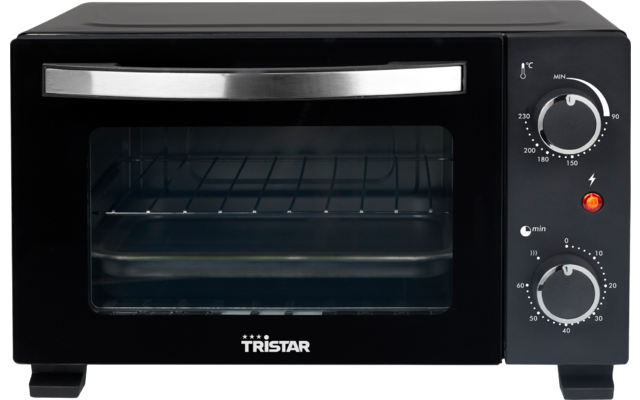 Zwarte tafeloven met glazen deur, bakplaat en rooster, twee draaiknoppen en TRISTAR-logo