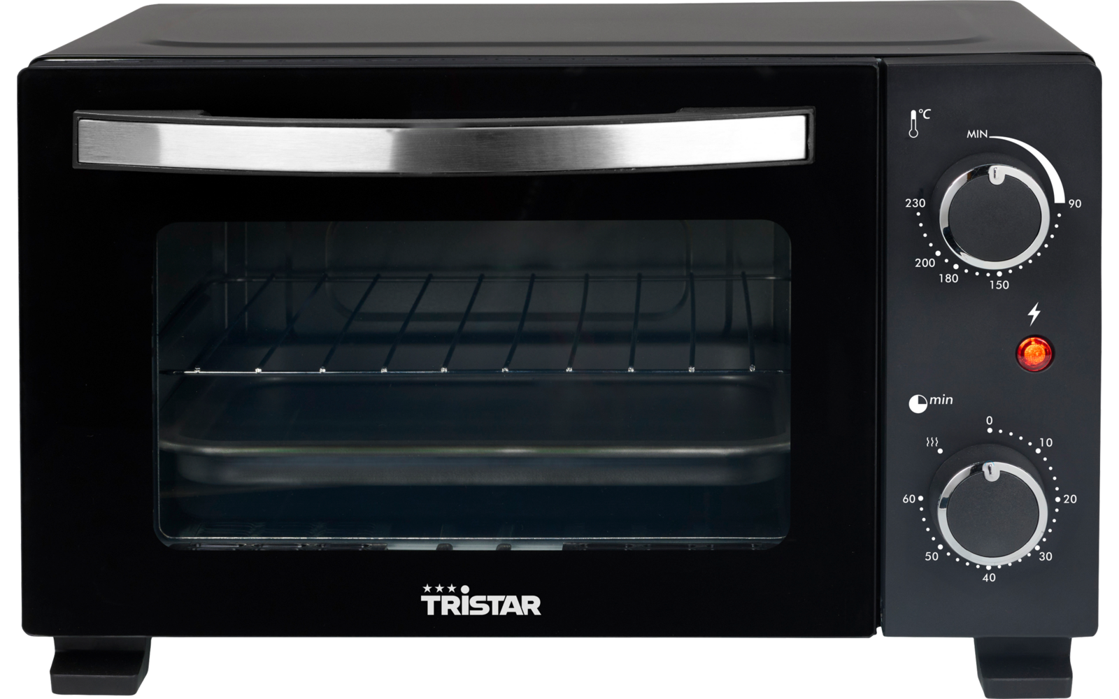 Zwarte tafeloven met glazen deur, bakplaat en rooster, twee draaiknoppen en TRISTAR-logo