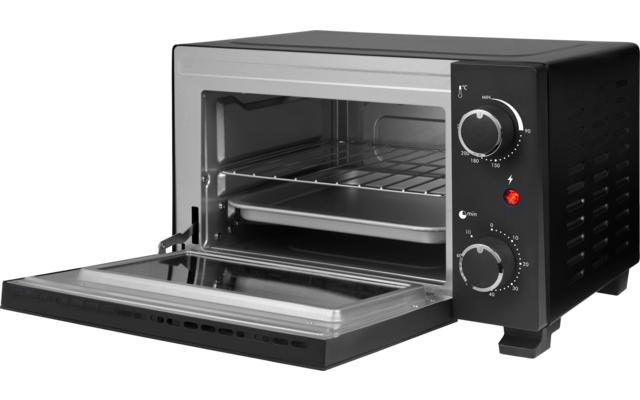 Kleine zwarte tafeloven met open deur, bakplaat en rooster binnenin, twee draaiknoppen en rood controlelampje rechts