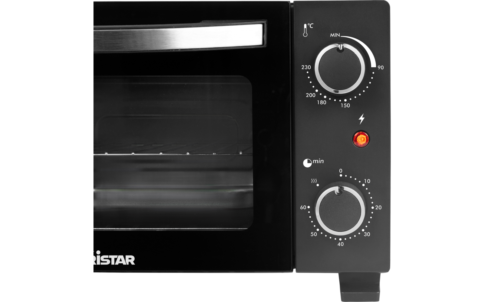 Zwart tafelapparaat met glazen deur en metalen handgreep, binnenin een draadrooster zichtbaar, rechts twee draaiknoppen met markeringen en een rood controlelampje, gedeeltelijk Tristar-logo linksonder