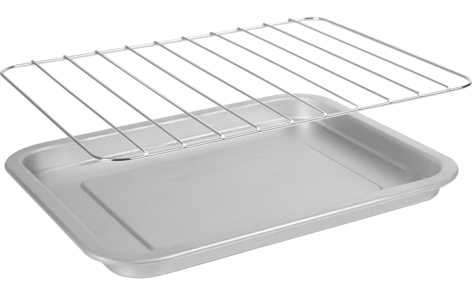 Rechthoekige zilverkleurige metalen bakplaat en een verchroomd draadrooster erboven