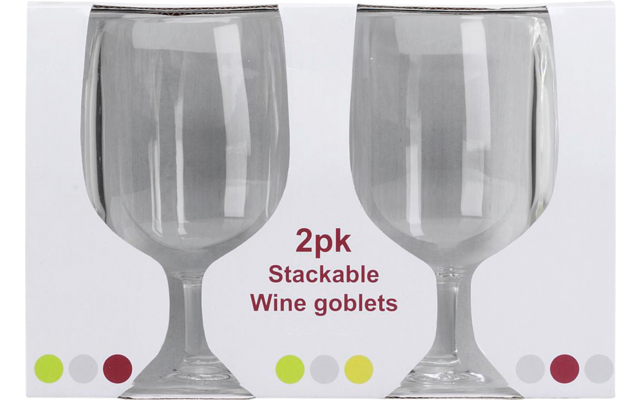 Witte doos met afbeelding van twee grijze wijnglazen, tekst 2pk Stackable Wine goblets, gekleurde stippen onderaan, reflectie op witte ondergrond