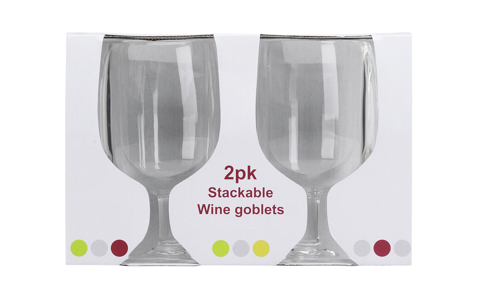 Witte doos met afbeelding van twee grijze wijnglazen, tekst 2pk Stackable Wine goblets, gekleurde stippen onderaan, reflectie op witte ondergrond
