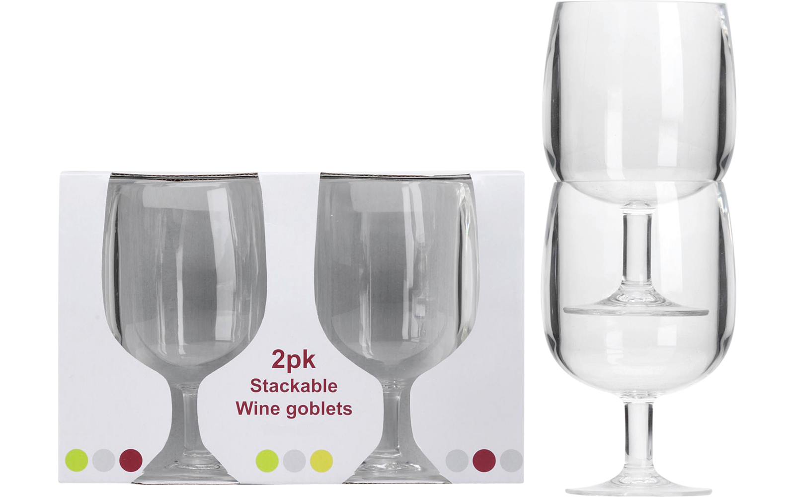 Twee transparante wijnglazen, één bovenop de ander gestapeld rechts; links een doos met afbeeldingen van de glazen en de tekst 2pk Stackable Wine goblets, witte ondergrond met reflectie