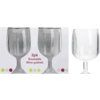 Twee glazen in witte verpakking met tekst '2pk Stackable Wine goblets' en één glas rechts op een reflecterend wit oppervlak; gekleurde stippen op de verpakking
