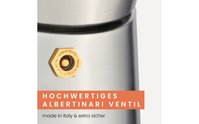 Primer plano de un cilindro metálico plateado con una pieza metálica hexagonal color dorado con un pasador central; franja naranja con texto blanco 'HOCHWERTIGES ALBERTINARI VENTIL' y pequeño texto negro 'made in Italy & extra sicher'