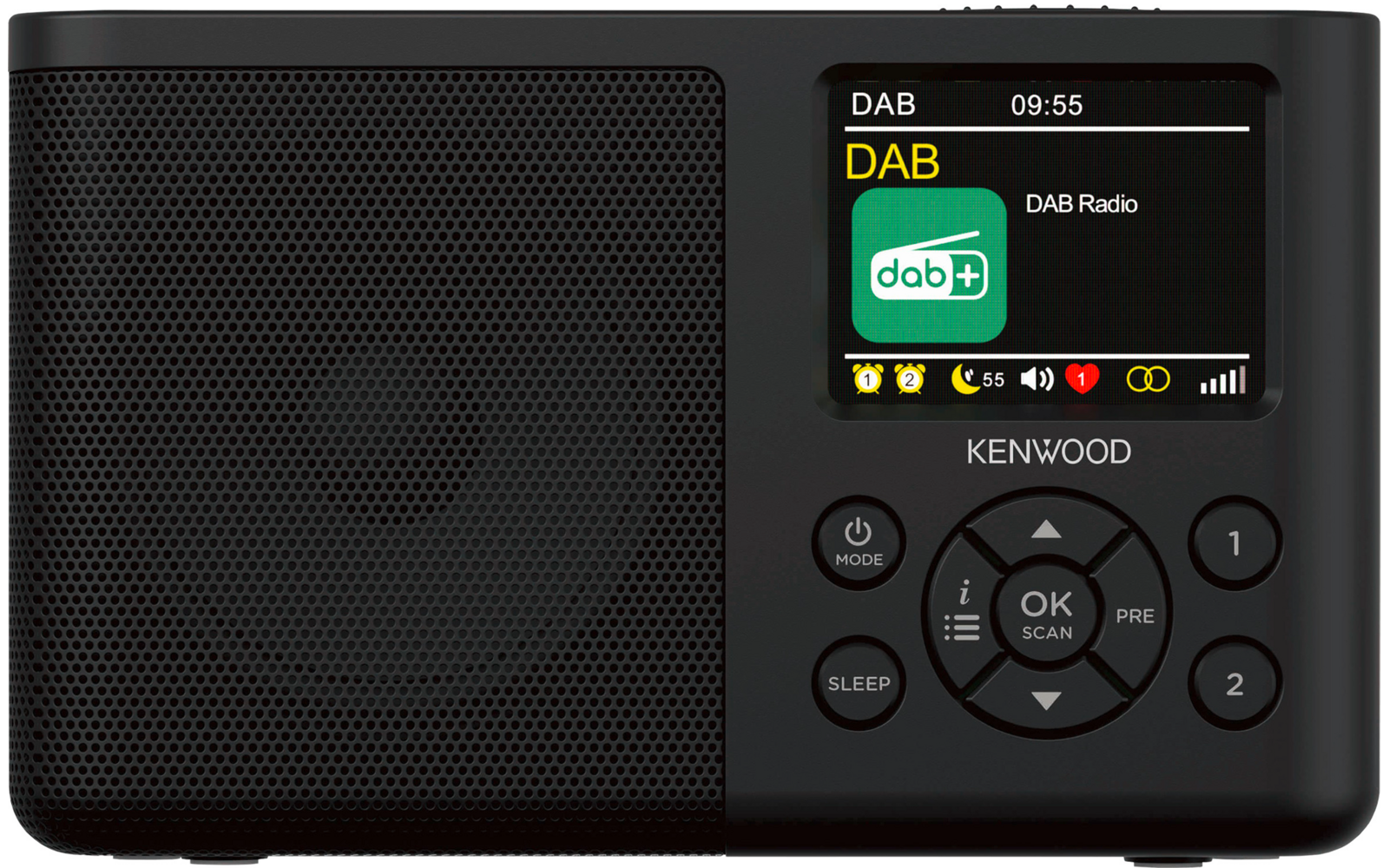 Schwarzes Kenwood DAB-Radio, links Lautsprechergitter, rechts Farbdisplay mit Anzeige 'DAB' und Uhrzeit '09:55', darunter Steuerkreuz und Tasten