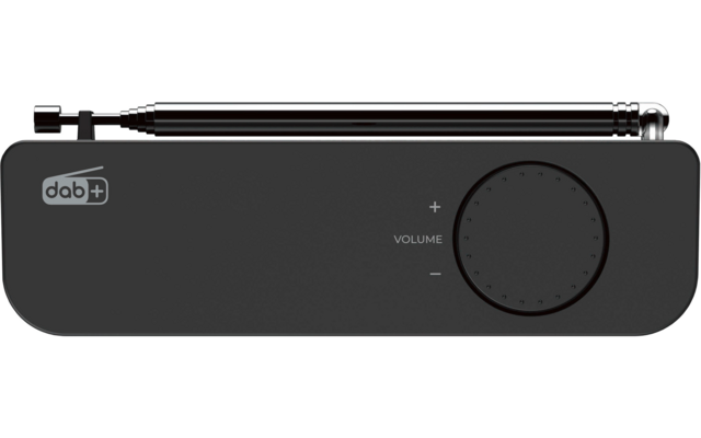 Schwarzes rechteckiges Gerät mit ausgezogener Teleskopantenne oben, 'dab+'-Logo links, großem rundem Einstellrad rechts mit der Beschriftung 'VOLUME' und Plus-/Minus-Markierungen
