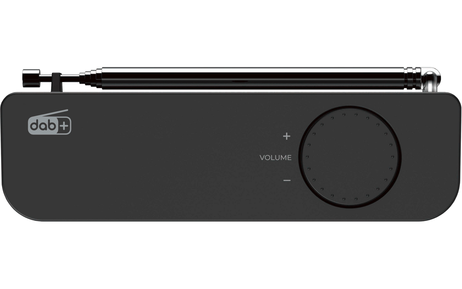 Schwarzes rechteckiges Gerät mit ausgezogener Teleskopantenne oben, 'dab+'-Logo links, großem rundem Einstellrad rechts mit der Beschriftung 'VOLUME' und Plus-/Minus-Markierungen